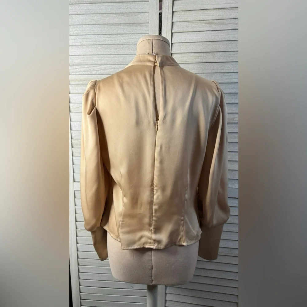 Astr Gold Satin Blouse Size Large Elegant Cowl Neck Puff Sleeve Top Luxe